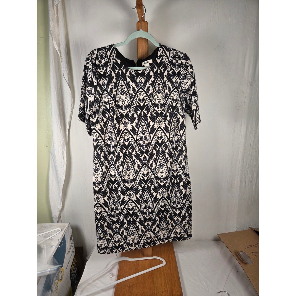 Cato Womens Large Black White Geometric Tribal Ikat Shift Dress Short Sleeve L
